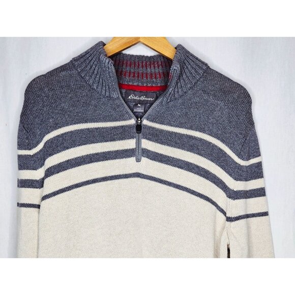 Eddie Bauer Men's 1/4 Zip Mock Neck Sweater Gray Off White Stripe Large - Picture 4 of 6